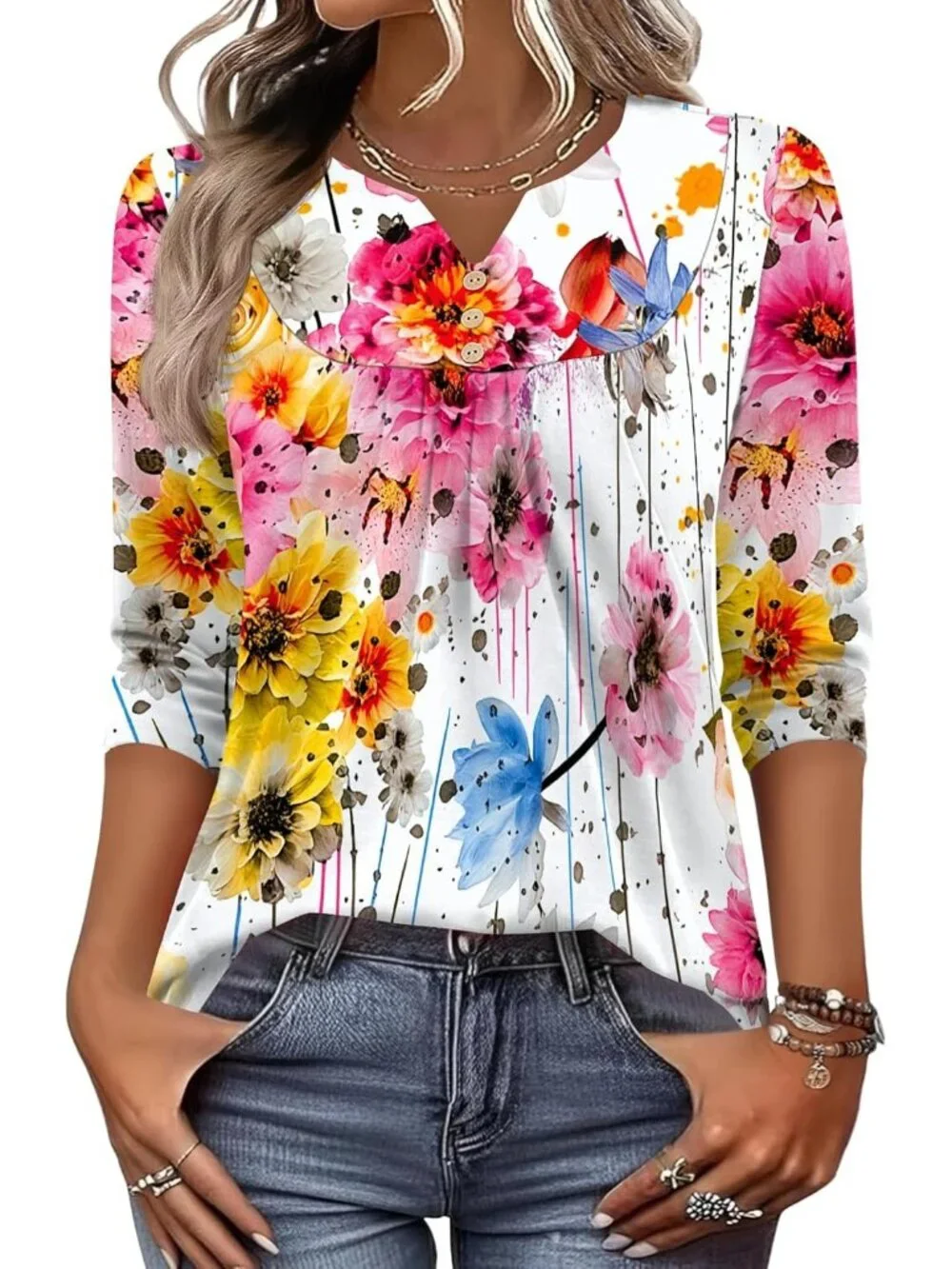 Women's White Colorful Long Sleeve V Neck Casual Henley Blouses Tops T Shirt